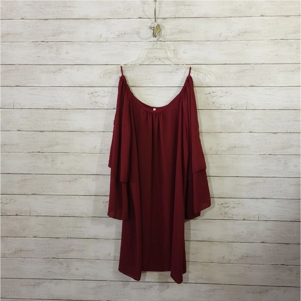 Womens Medium Silky Cold Shoulder Layered Bell Sleeve Dress‎ Burgundy